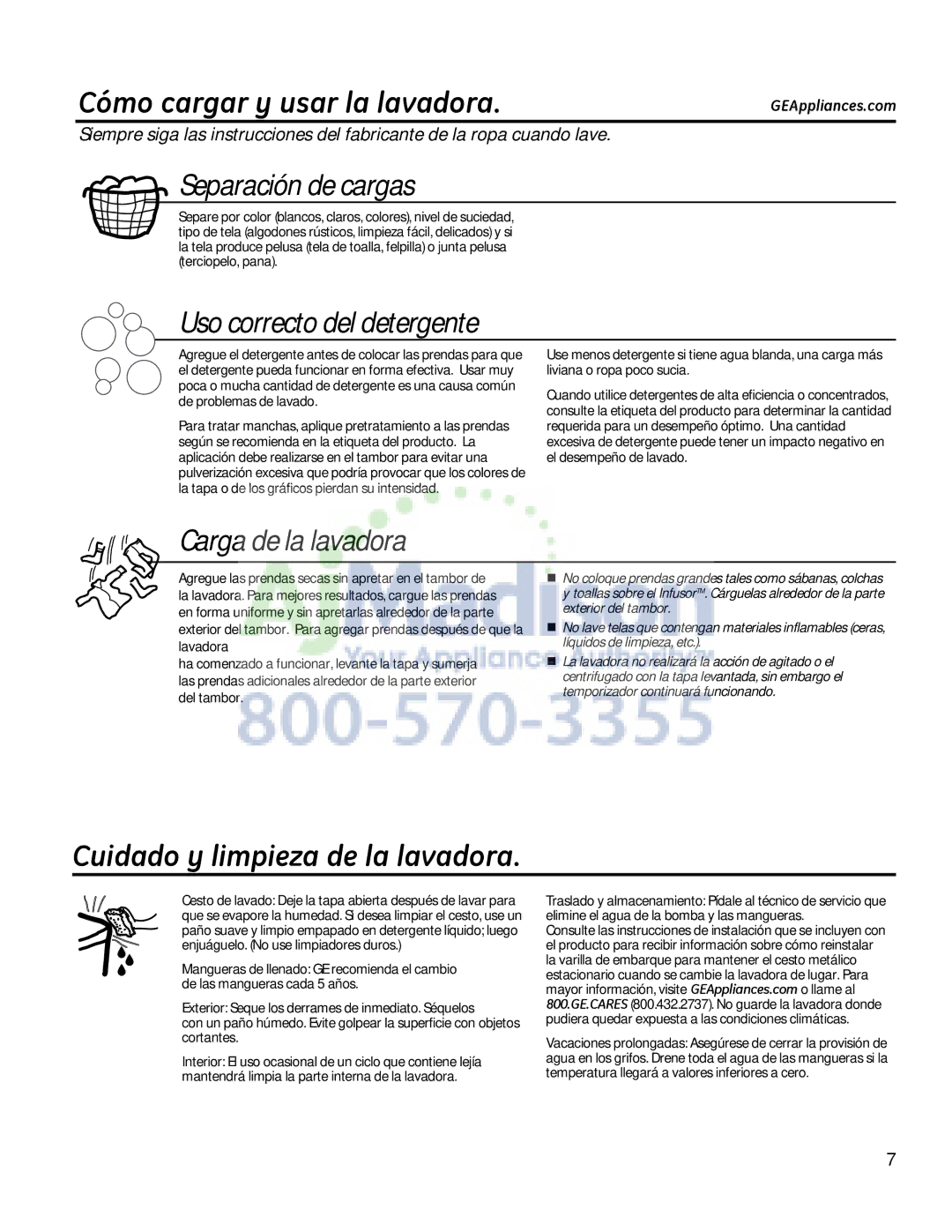 GE G153 owner manual Cómo cargar y usar la lavadora, Cuidado y limpieza de la lavadora 