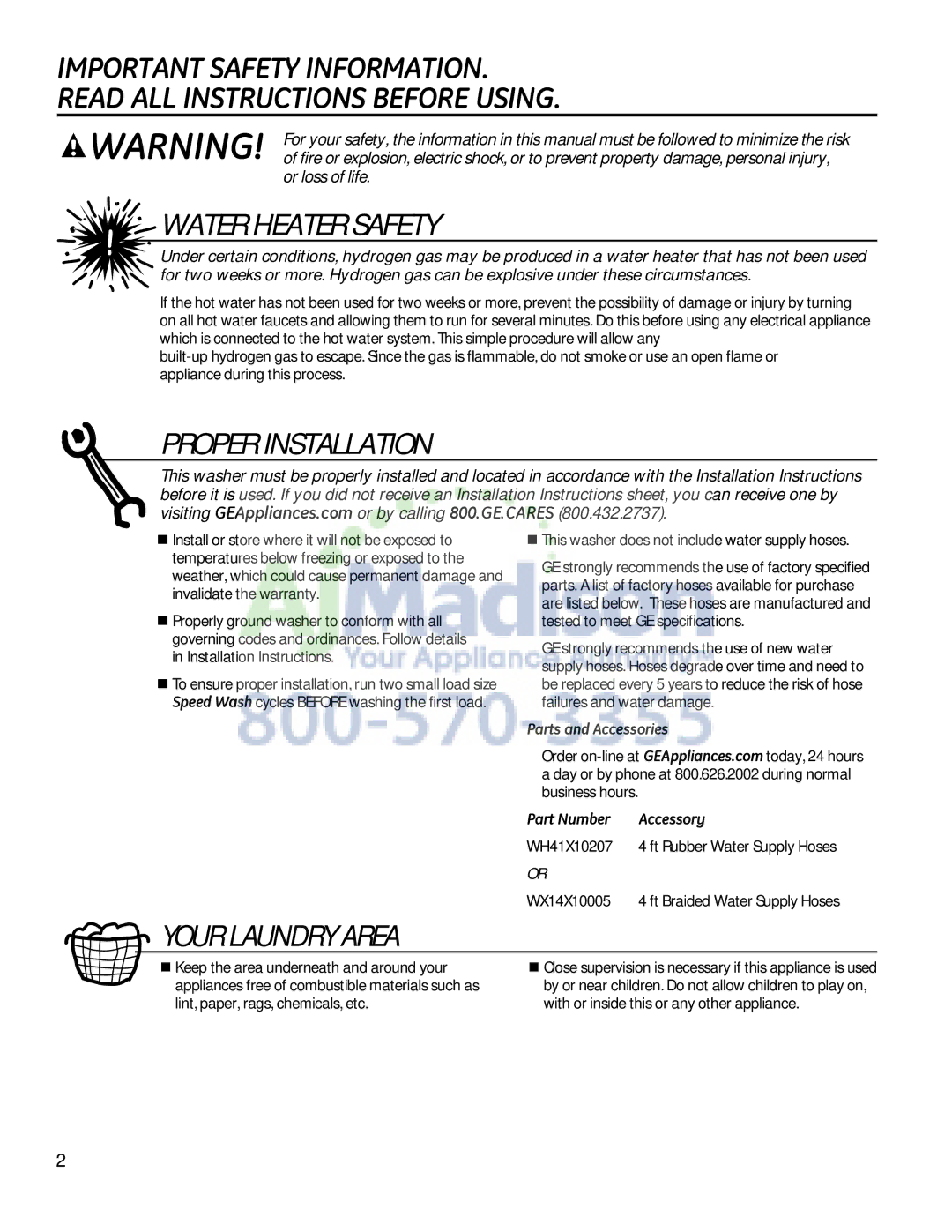 GE G153 Water Heater Safety, Proper Installation, Your Laundry Area, „ This washer does not include water supply hoses 