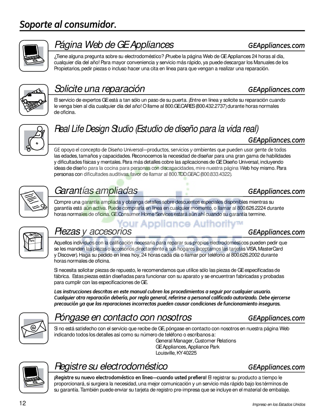 GE G153 owner manual Soporte al consumidor Página Web de GE Appliances, Solicite una reparación, Garantías ampliadas 