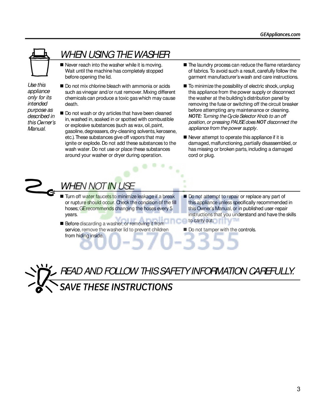 GE G153 owner manual When Using the Washer, When not in USE, GEAppliances.com 