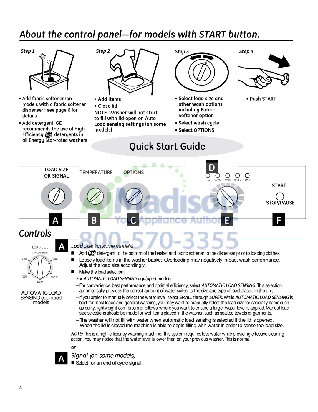 GE G153 About the control panel³for models with Start button, Controls, Step, For Automatic Load Sensing equipped models 