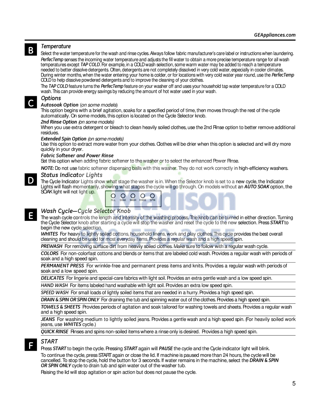 GE G153 owner manual Temperature, Options, Status Indicator Lights, Wash Cycle³Cycle Selector Knob 