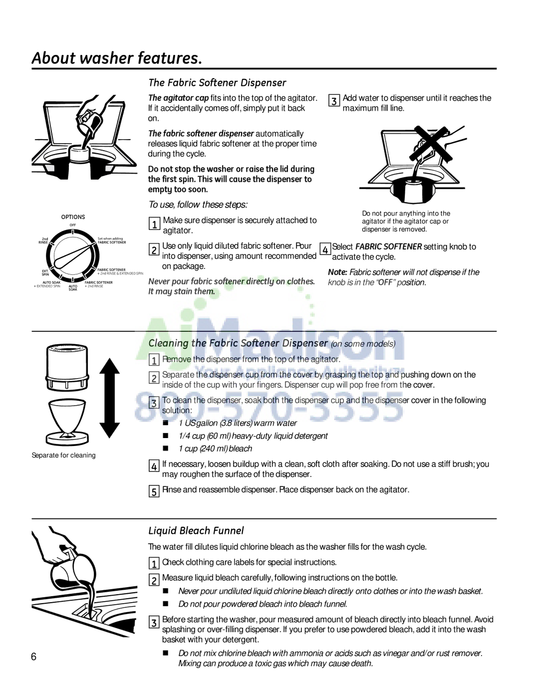 GE G153 owner manual About washer features, Cleaning the Fabric Softener Dispenser on some models, Liquid Bleach Funnel 