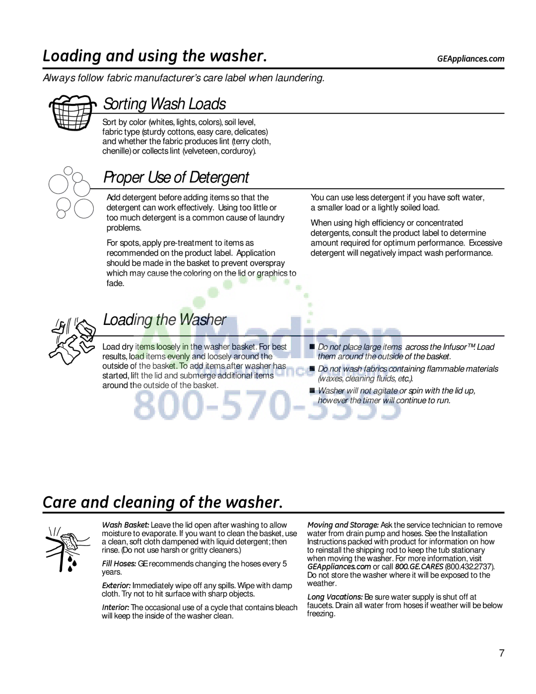 GE G153 owner manual Loading and using the washer, Care and cleaning of the washer 