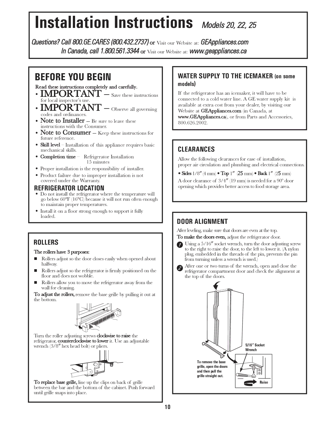 GE GARF19XXYK, ED5KVEXVQ manual Refrigerator Location, Rollers, Clearances, Door Alignment 