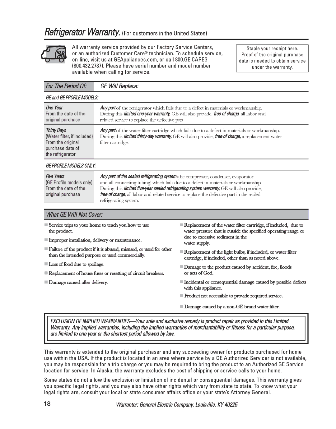 GE GARF19XXYK, ED5KVEXVQ GE Will Replace, What GE Will Not Cover, For The Period, Water filter, if included, From the date 