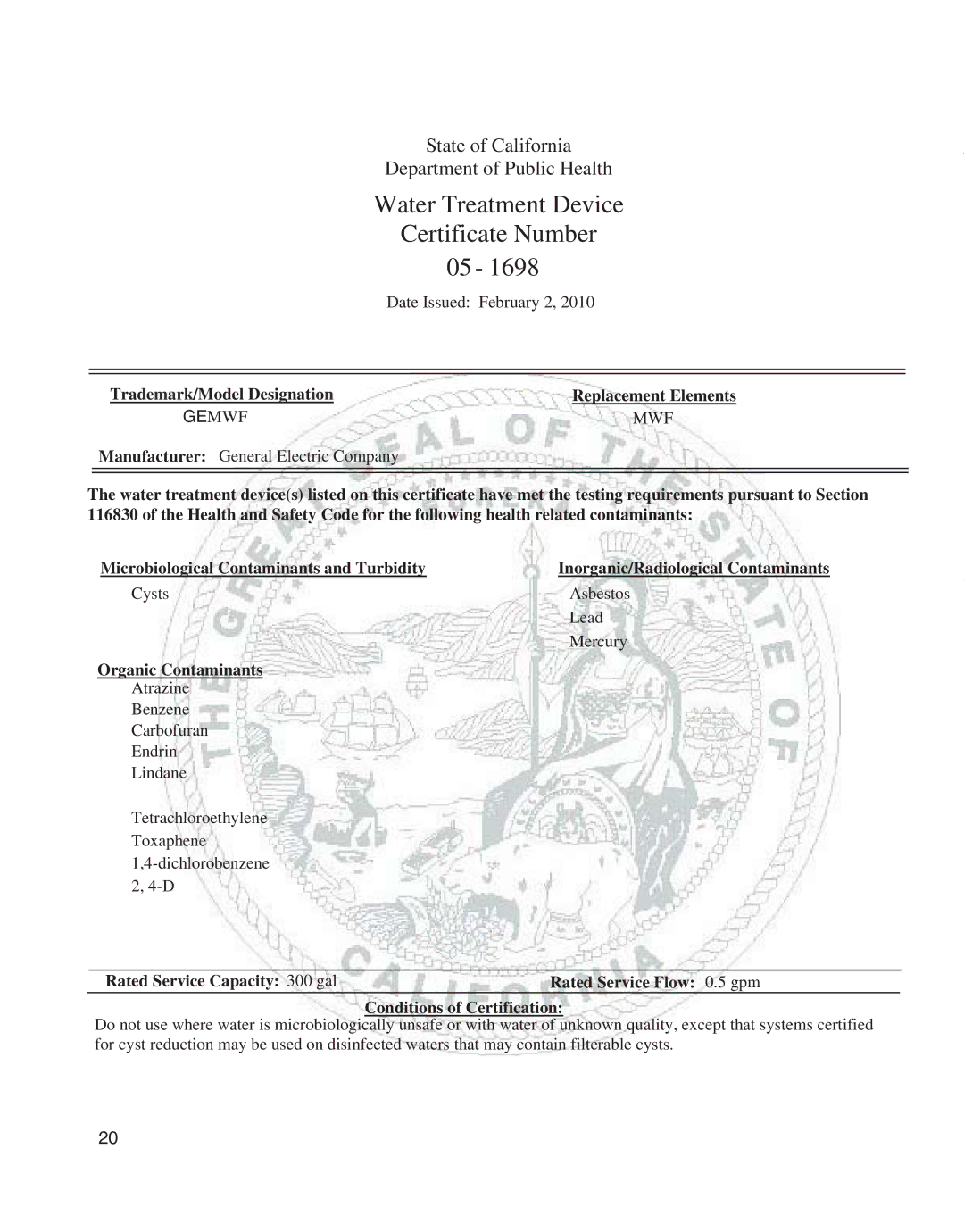 GE GARF19XXYK, ED5KVEXVQ manual Water Treatment Device Certificate Number 