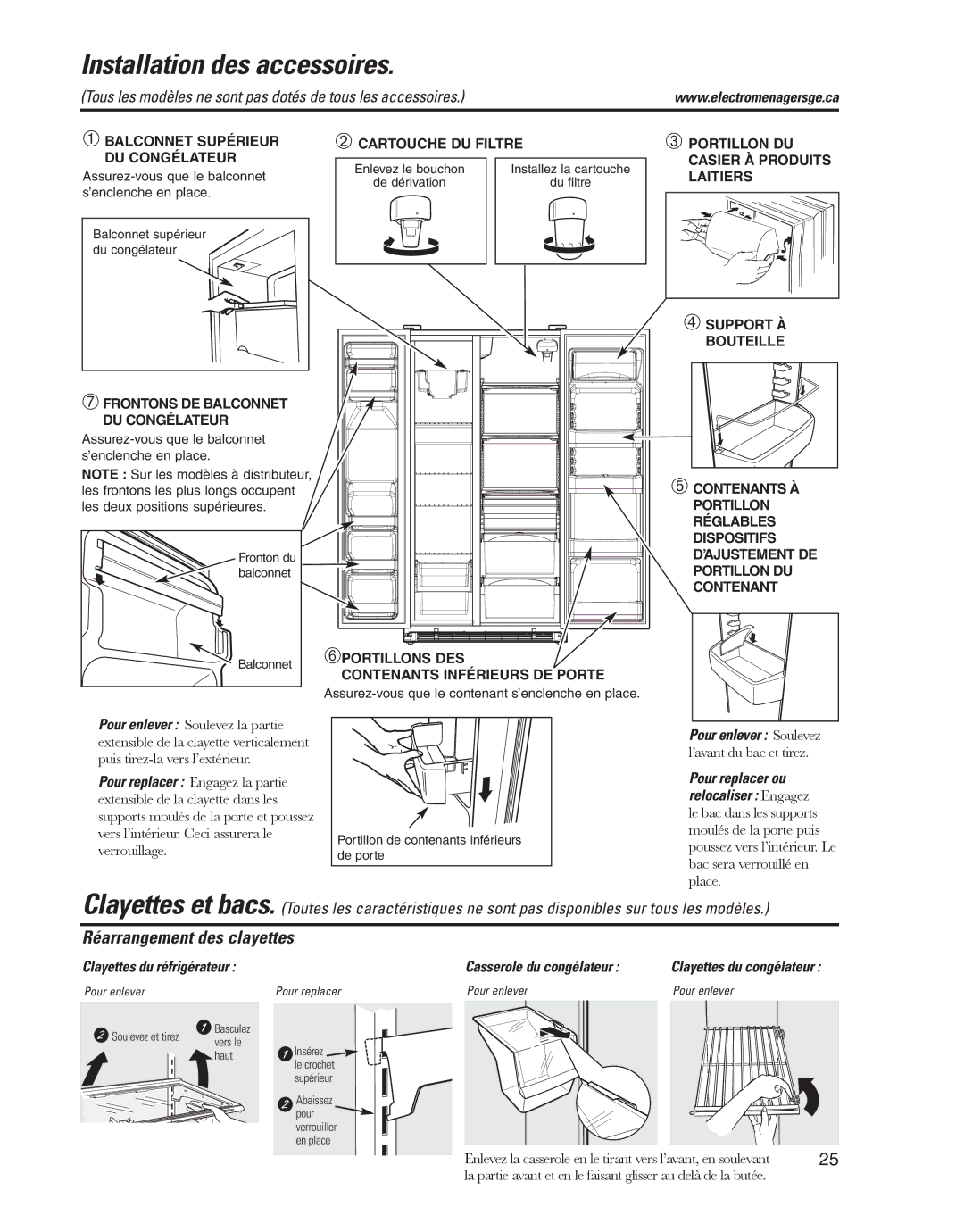 GE ED5KVEXVQ, GARF19XXYK manual Installation des accessoires, Réarrangement des clayettes, Clayettes du réfrigérateur 