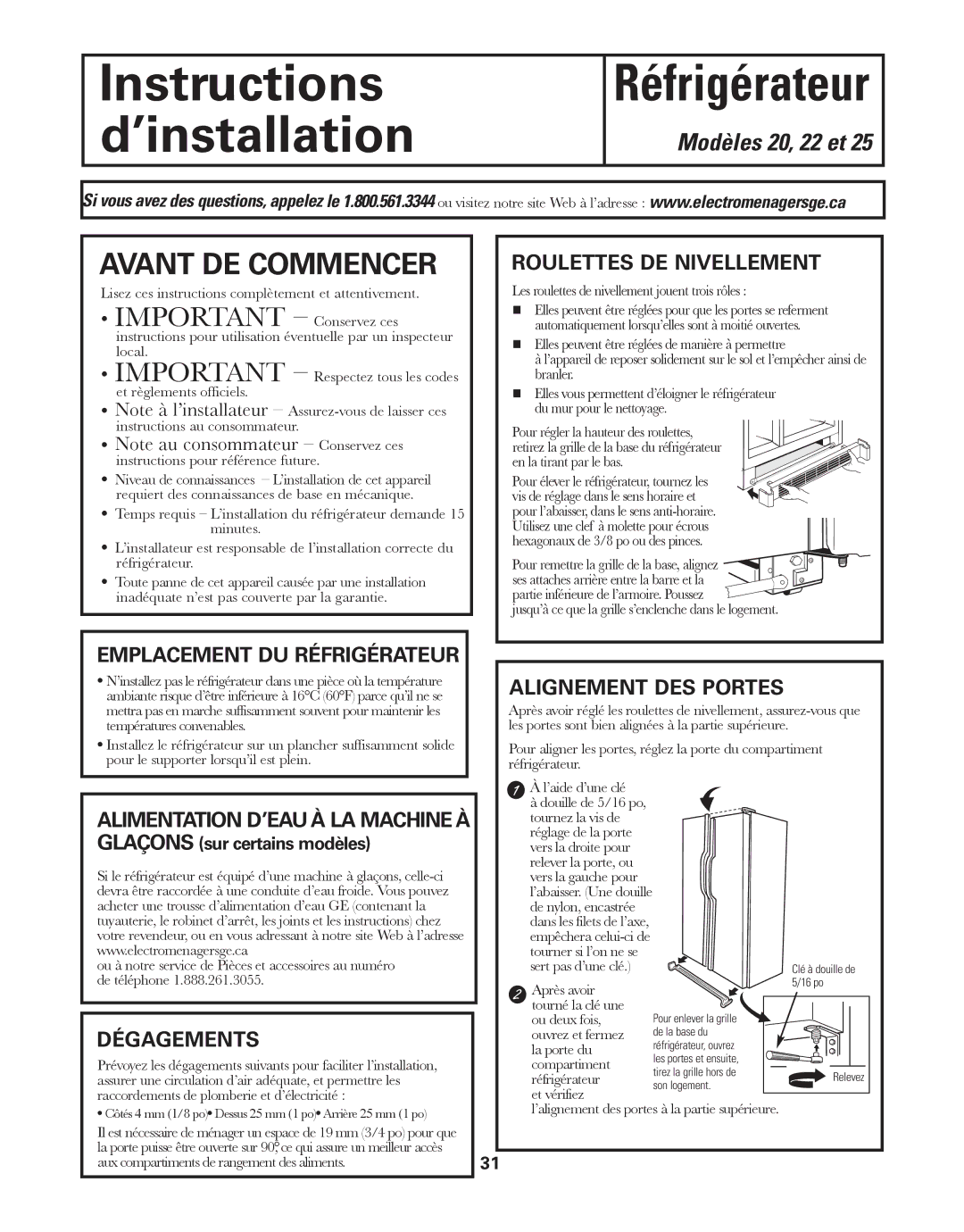 GE ED5KVEXVQ, GARF19XXYK manual Roulettes DE Nivellement, Dégagements, Alignement DES Portes 