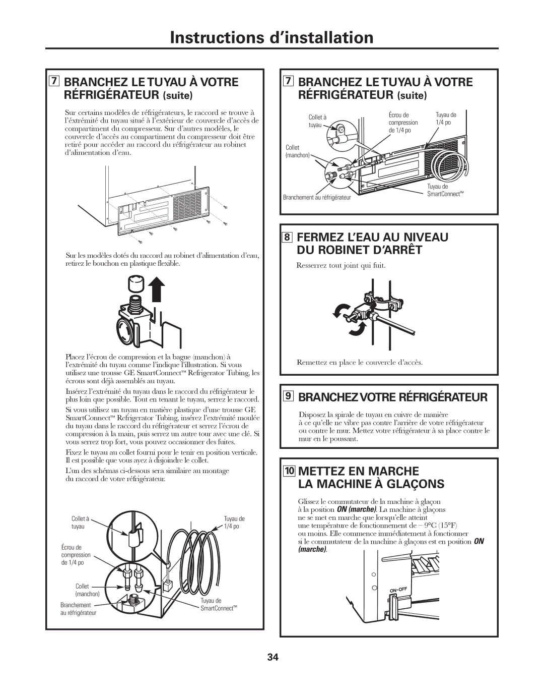 GE GARF19XXYK, ED5KVEXVQ manual Fermez L’EAU AU Niveau DU Robinet D’ARRÊT, Branchezvotre Réfrigérateur, Marche 