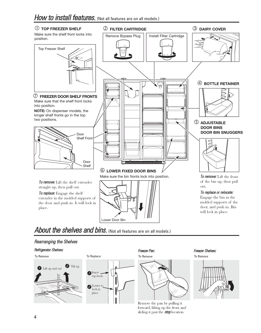 GE GARF19XXYK Rearranging the Shelves, Out, To replace or relocate, Refrigerator Shelves, Freezer Pan Freezer Shelves 