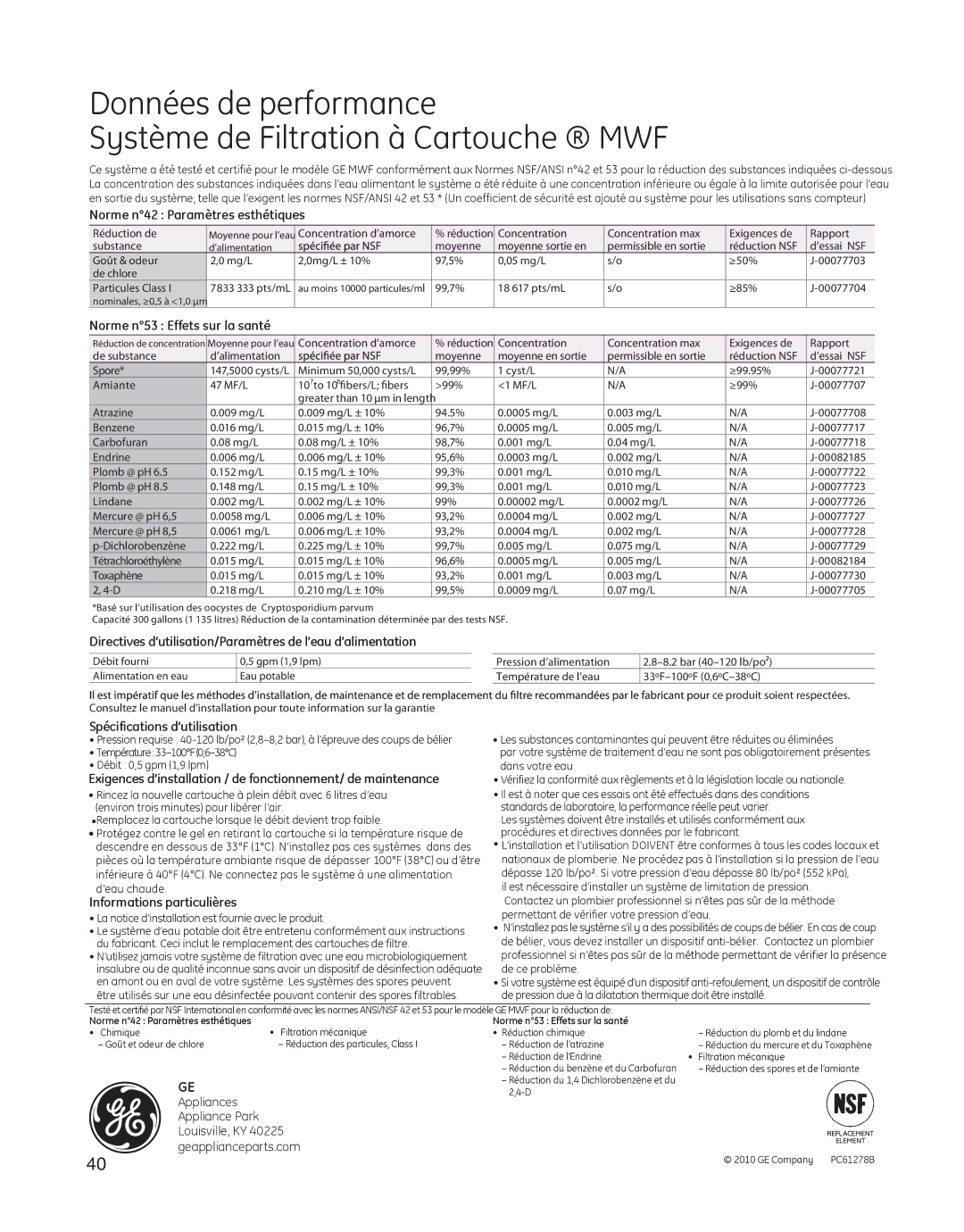 GE GARF19XXYK, ED5KVEXVQ manual Données de performance Système de Filtration à Cartouche MWF 