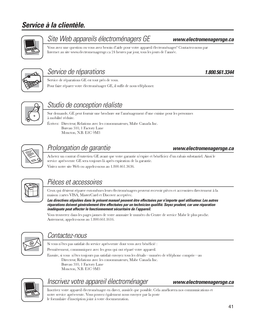 GE ED5KVEXVQ, GARF19XXYK manual Service à la clientèle, Service de réparations, Prolongation de garantie 