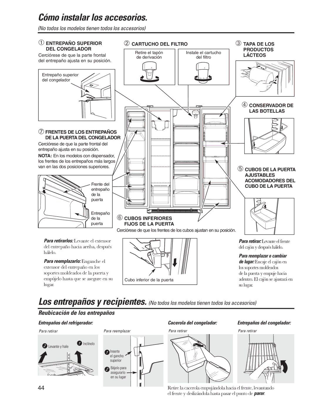 GE GARF19XXYK, ED5KVEXVQ manual Cómo instalar los accesorios, Reubicación de los entrepaños, Entrepaños del refrigerador 