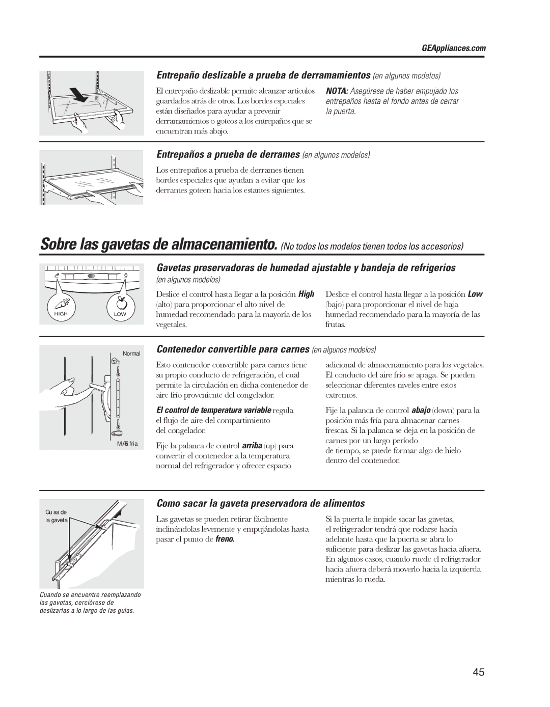 GE ED5KVEXVQ Entrepaños a prueba de derrames en algunos modelos, Contenedor convertible para carnes en algunos modelos 