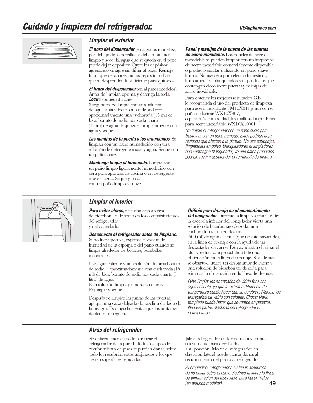 GE ED5KVEXVQ manual Cuidado y limpieza del refrigerador, Limpiar el exterior, Limpiar el interior, Atrás del refrigerador 