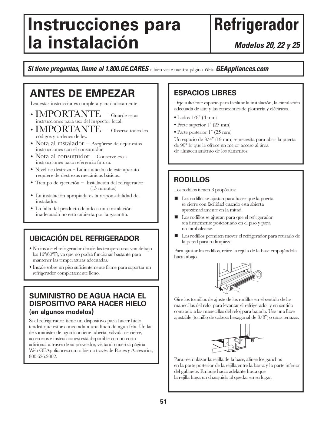 GE ED5KVEXVQ Ubicación DEL Refrigerador, Espacios Libres, Rodillos, Lea estas instrucciones completa y cuidadosamente 