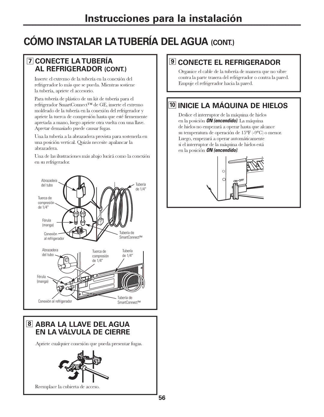 GE GARF19XXYK, ED5KVEXVQ manual Conecte LA Tubería AL Refrigerador, Conecte EL Refrigerador, Inicie LA Máquina DE Hielos 