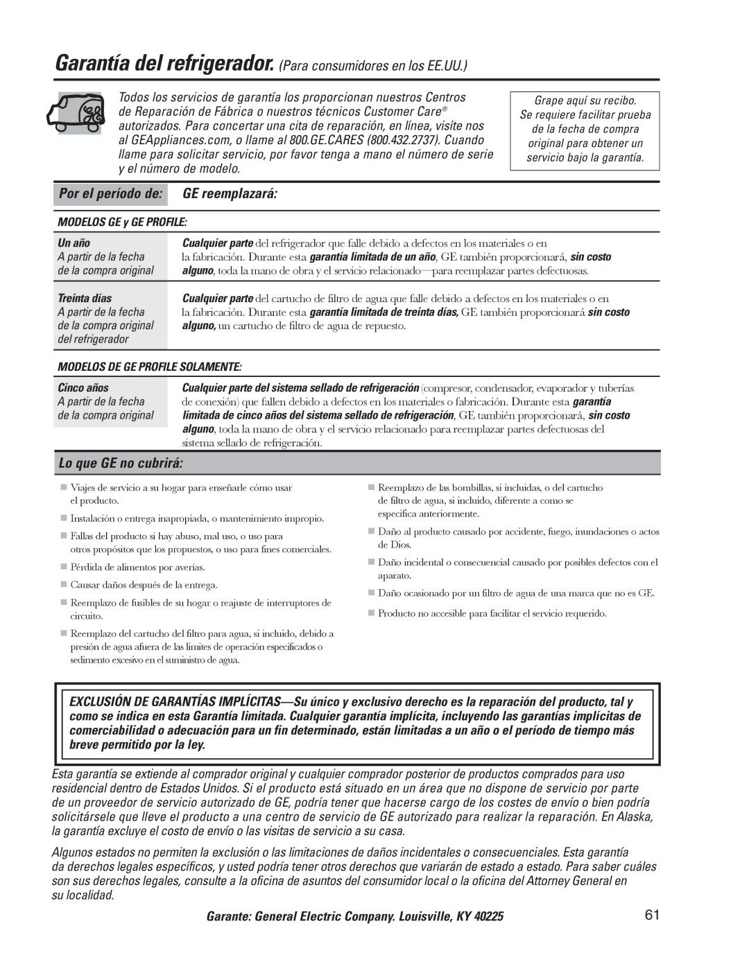 GE ED5KVEXVQ manual Por el período de GE reemplazará, Lo que GE no cubrirá, Modelos GE y GE Profile Un año, Treinta días 