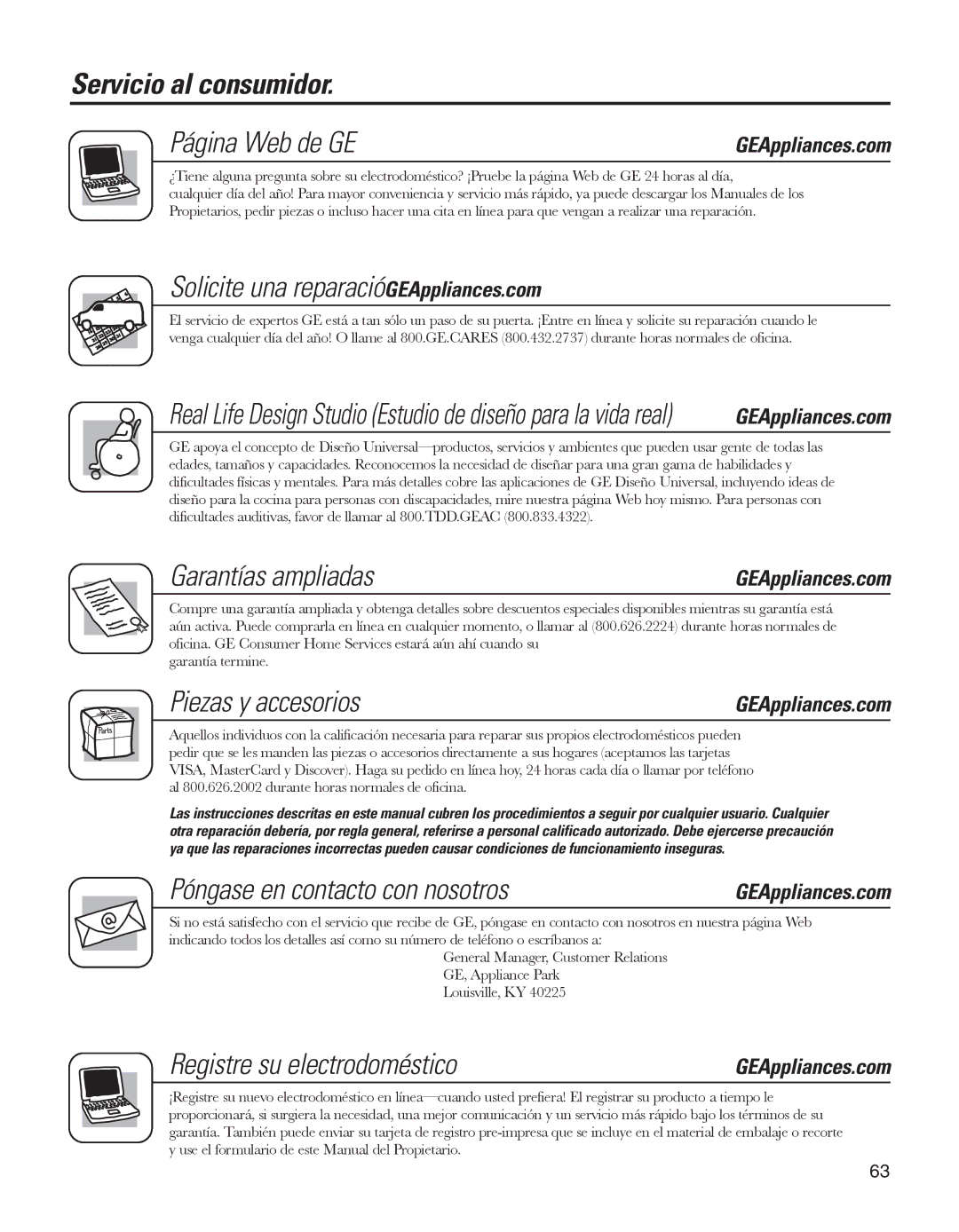 GE ED5KVEXVQ, GARF19XXYK manual Servicio al consumidor Página Web de GE, Garantías ampliadas, Piezas y accesorios 