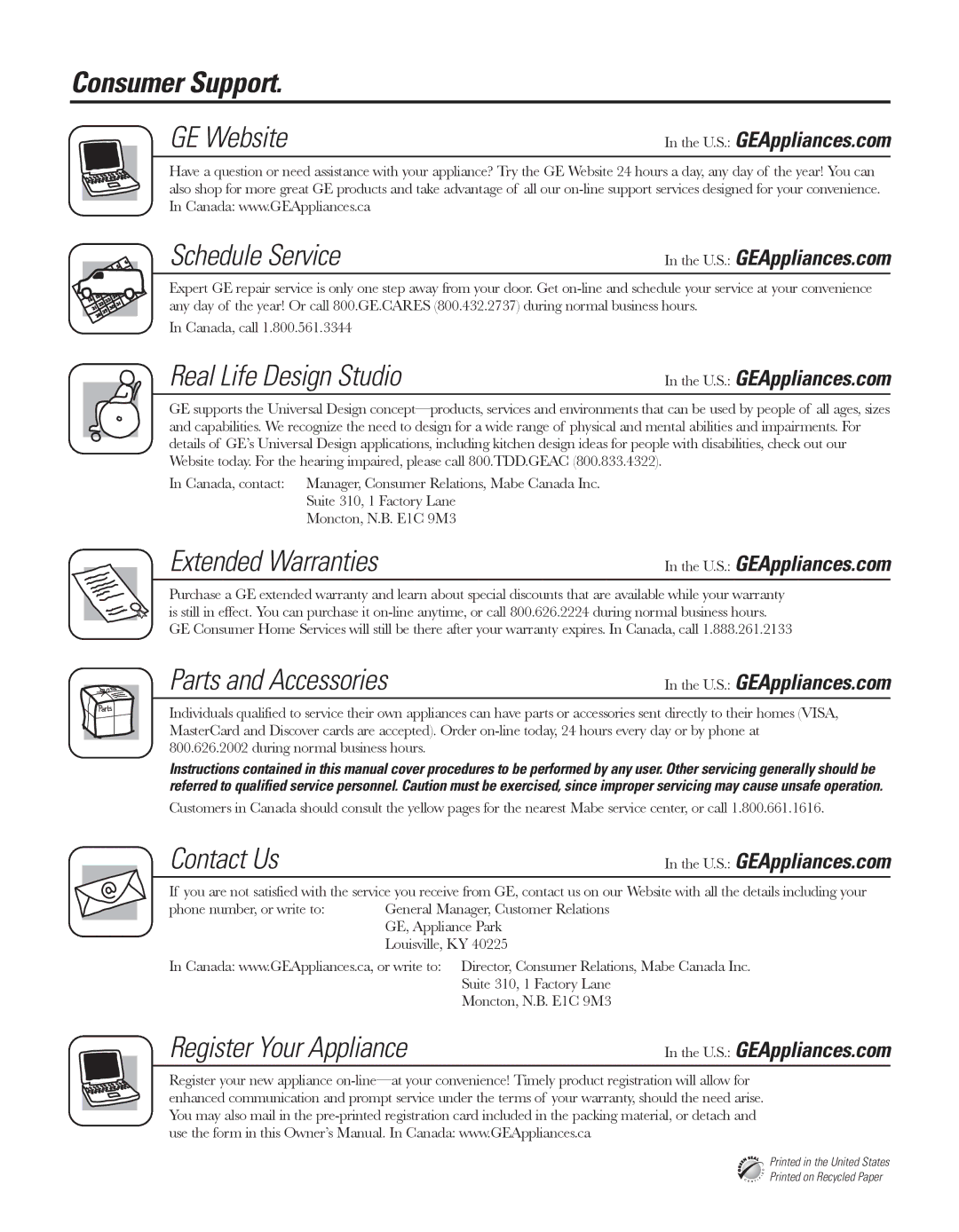 GE GARF19XXYK, ED5KVEXVQ manual Consumer Support, U.S. GEAppliances.com, Canada, call 