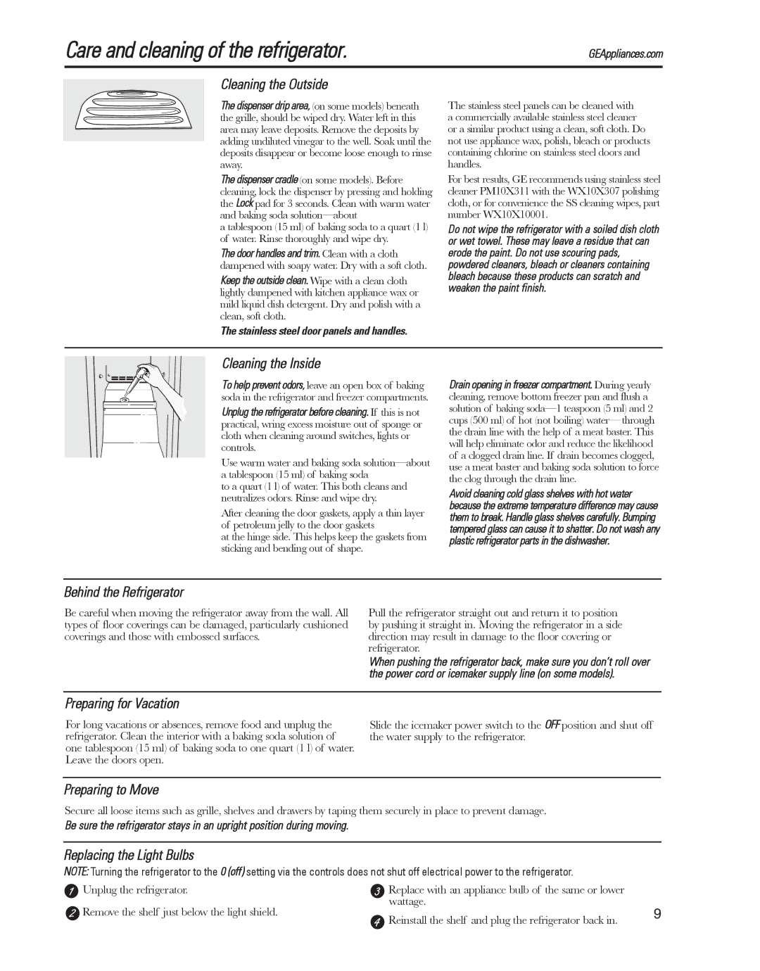 GE ED5KVEXVQ, GARF19XXYK manual Care and cleaning of the refrigerator 