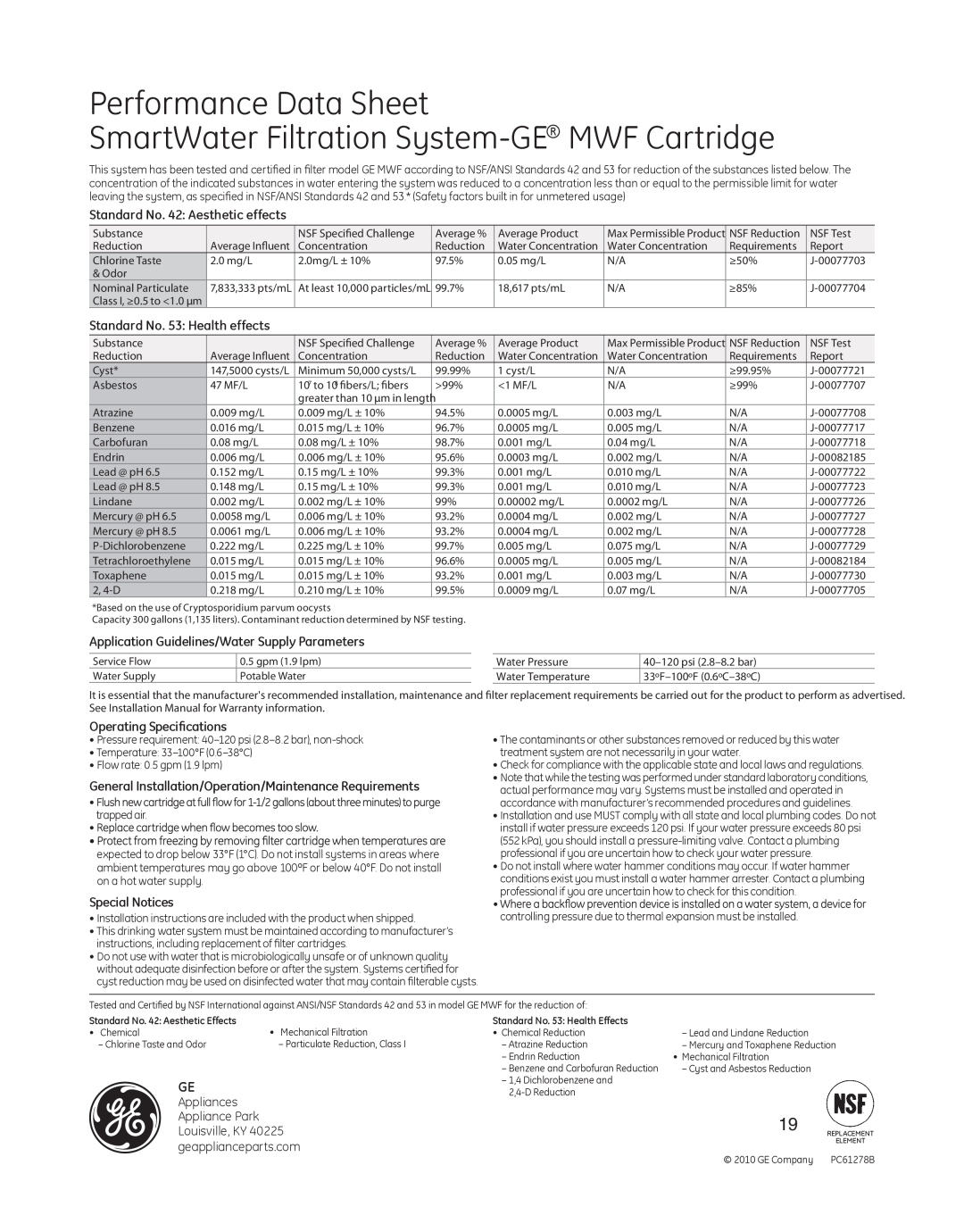 GE ED5KVEXVQ Performance Data Sheet, SmartWater Filtration System-GE MWF Cartridge, Standard No. 42 Aesthetic effects 