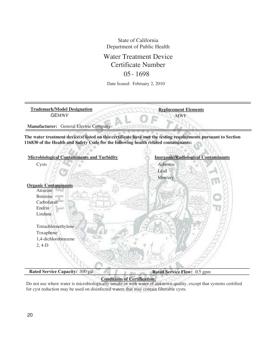 GE GARF19XXYK, ED5KVEXVQ manual Water Treatment Device Certificate Number, State of California Department of Public Health 