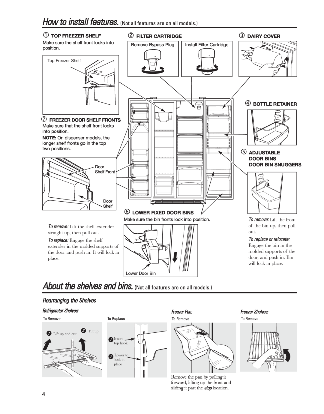 GE GARF19XXYK manual Rearranging the Shelves, To replace or relocate, Refrigerator Shelves, Freezer Pan, Freezer Shelves 