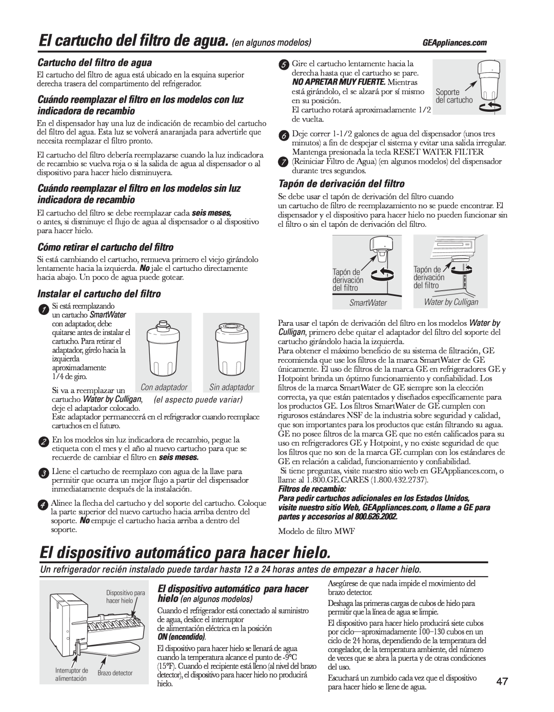 GE ED5KVEXVQ manual El dispositivo automático para hacer hielo, Cartucho del filtro de agua, Tapón de derivación del filtro 