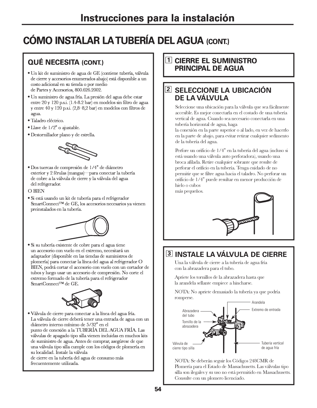 GE GARF19XXYK, ED5KVEXVQ manual Cómo Instalar Latubería Del Agua Cont, Qué Necesita Cont, 3INSTALE LA VÁLVULA DE CIERRE 