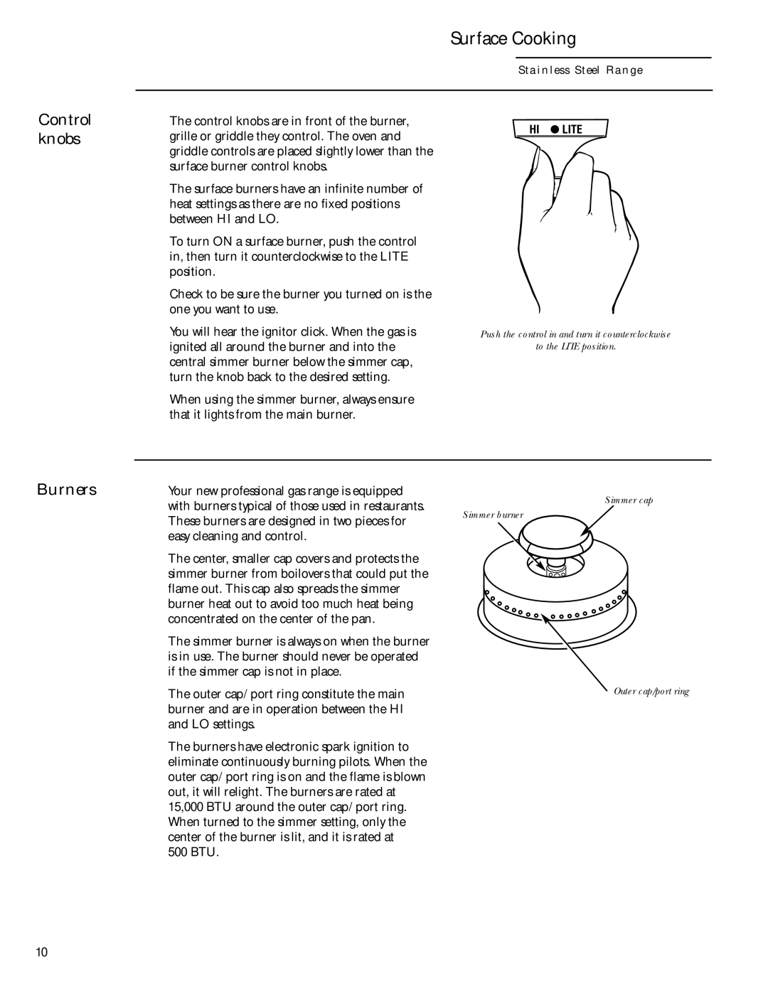 GE Gas Ranges owner manual Control knobs, Burners 