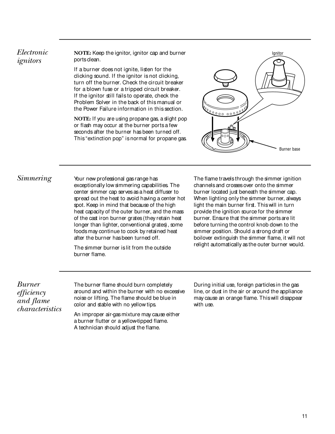 GE Gas Ranges owner manual Electronic ignitors, Simmering, Burner efficiency and flame characteristics 