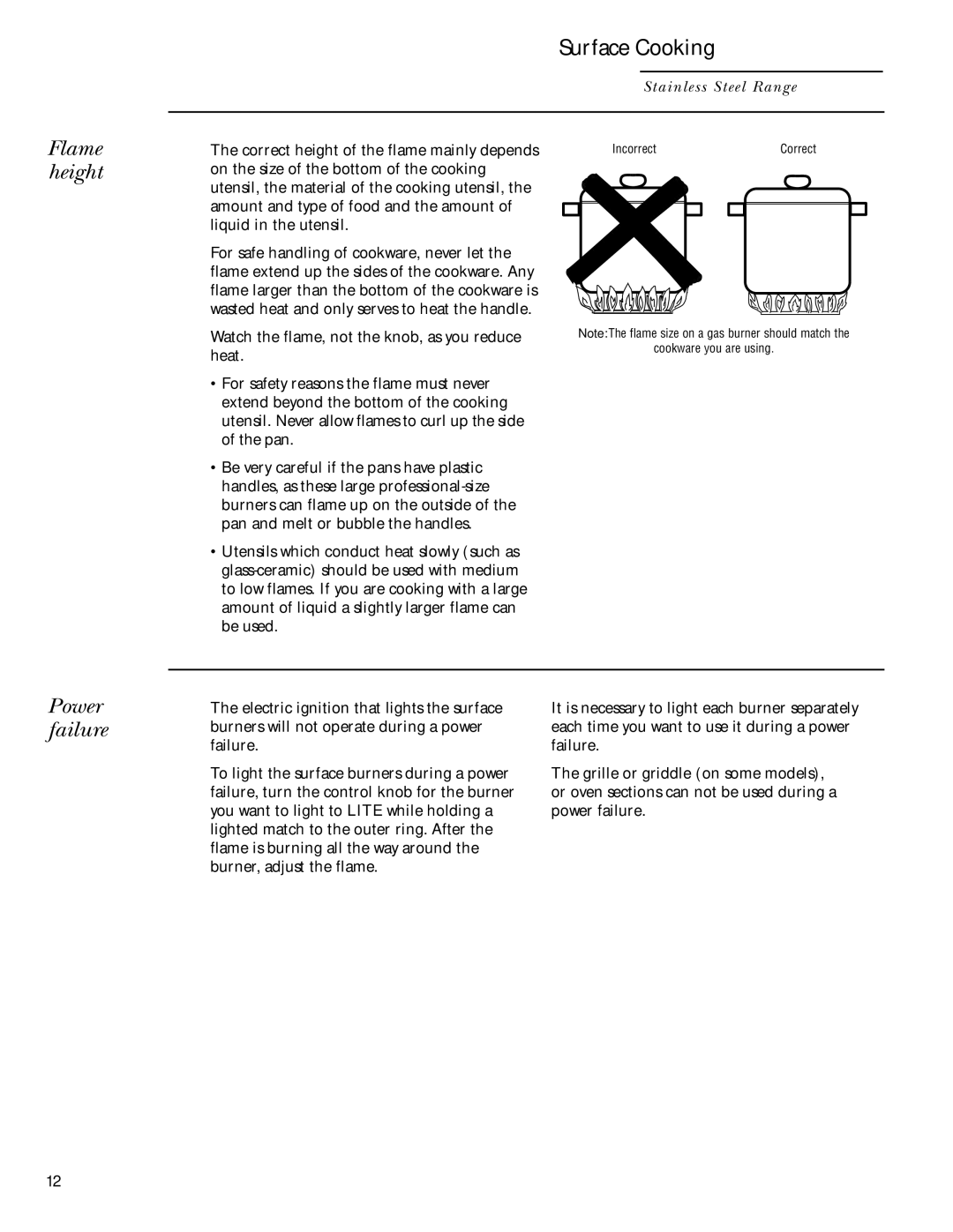 GE Gas Ranges owner manual Flame height, Power failure 