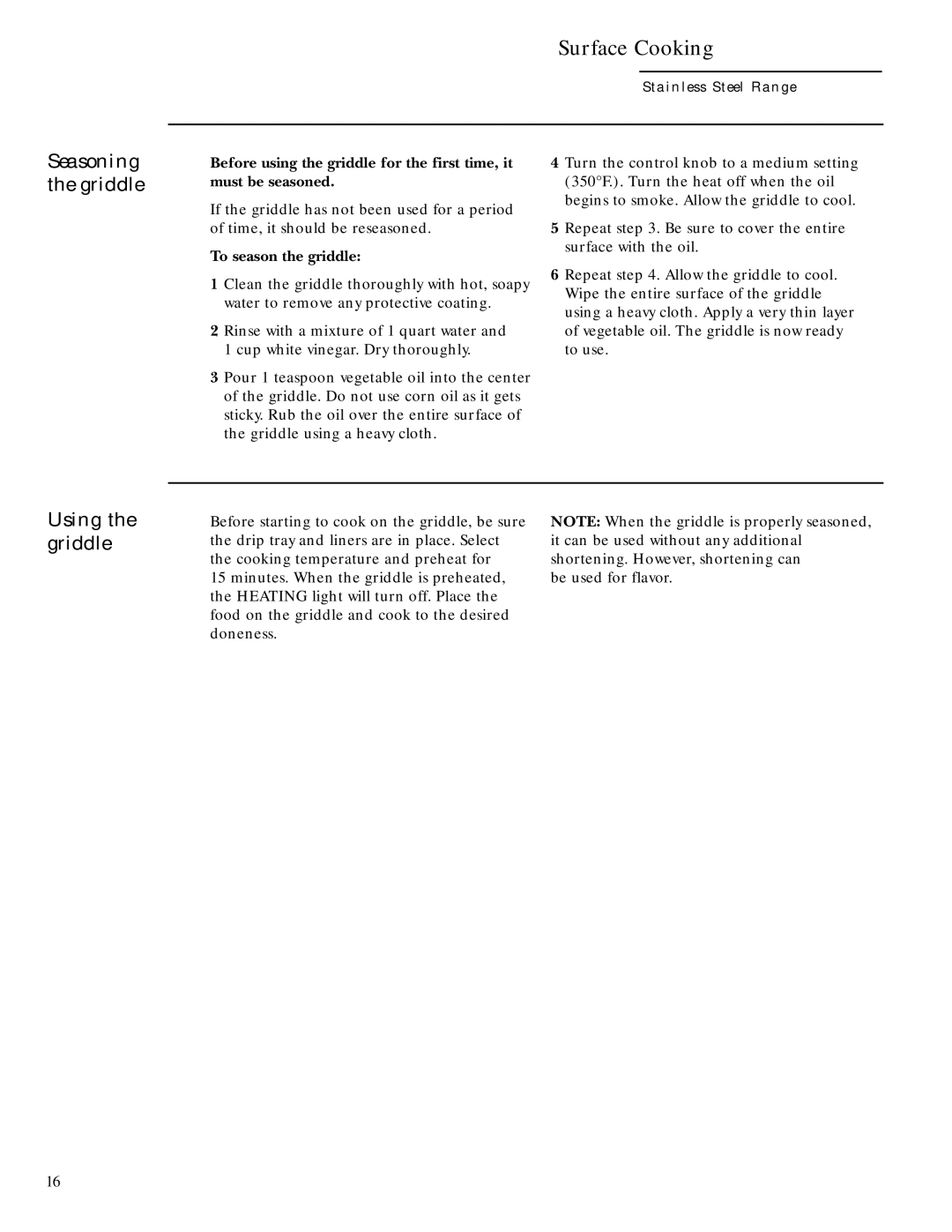 GE Gas Ranges owner manual Seasoning the griddle, Using the griddle, To season the griddle 