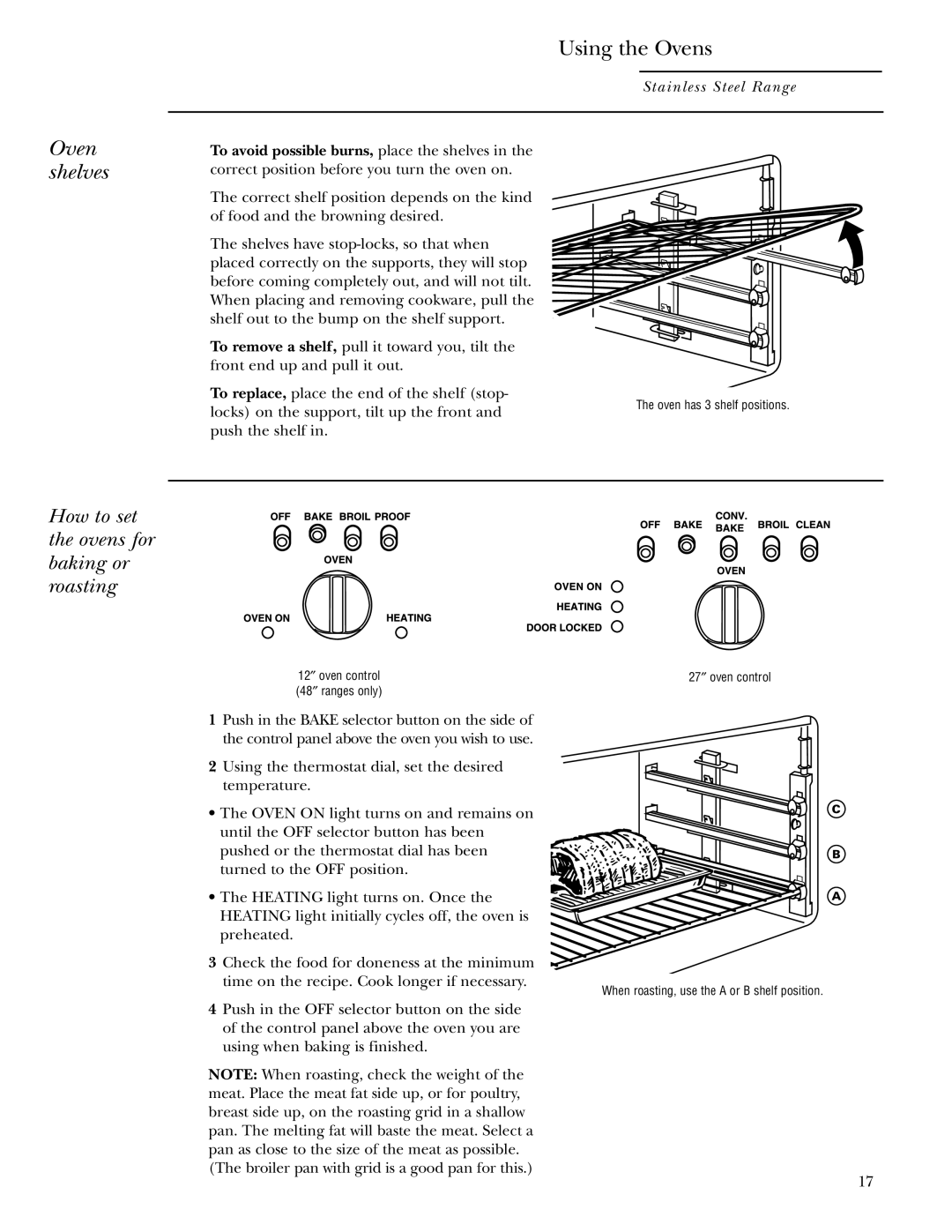 GE Gas Ranges owner manual Oven shelves, Using the Ovens 