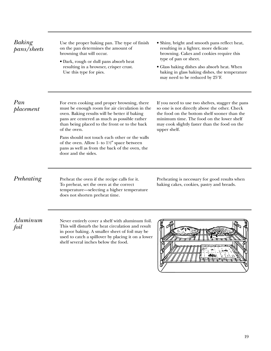 GE Gas Ranges owner manual Baking pans/sheets, Pan placement, Preheating Aluminum foil 