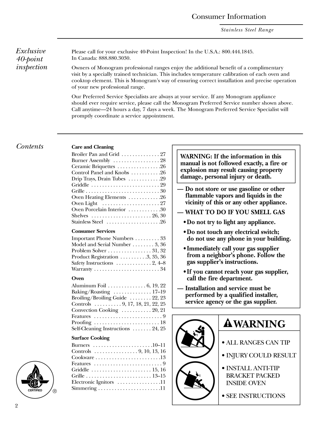 GE Gas Ranges owner manual Exclusive 40-point inspection, Contents 