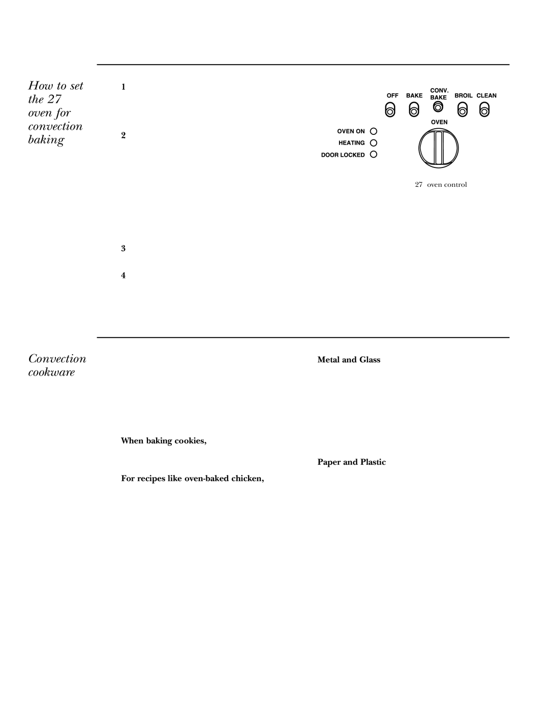 GE Gas Ranges owner manual How to set the 27 ″ oven for convection baking, Convection cookware, Paper and Plastic 