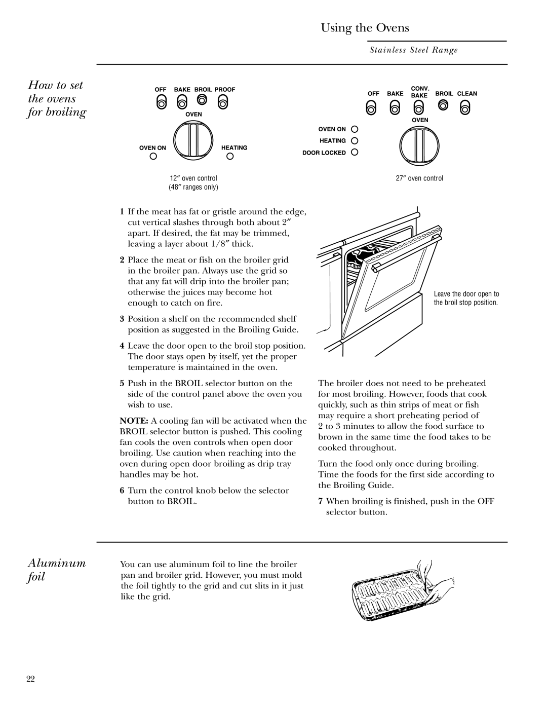 GE Gas Ranges owner manual How to set the ovens for broiling, Aluminum foil 