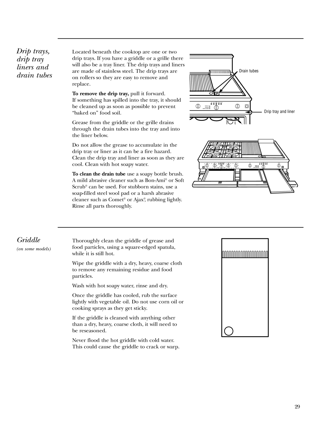 GE Gas Ranges owner manual Drip trays, drip tray liners and drain tubes, Griddle, To remove the drip tray, pull it forward 