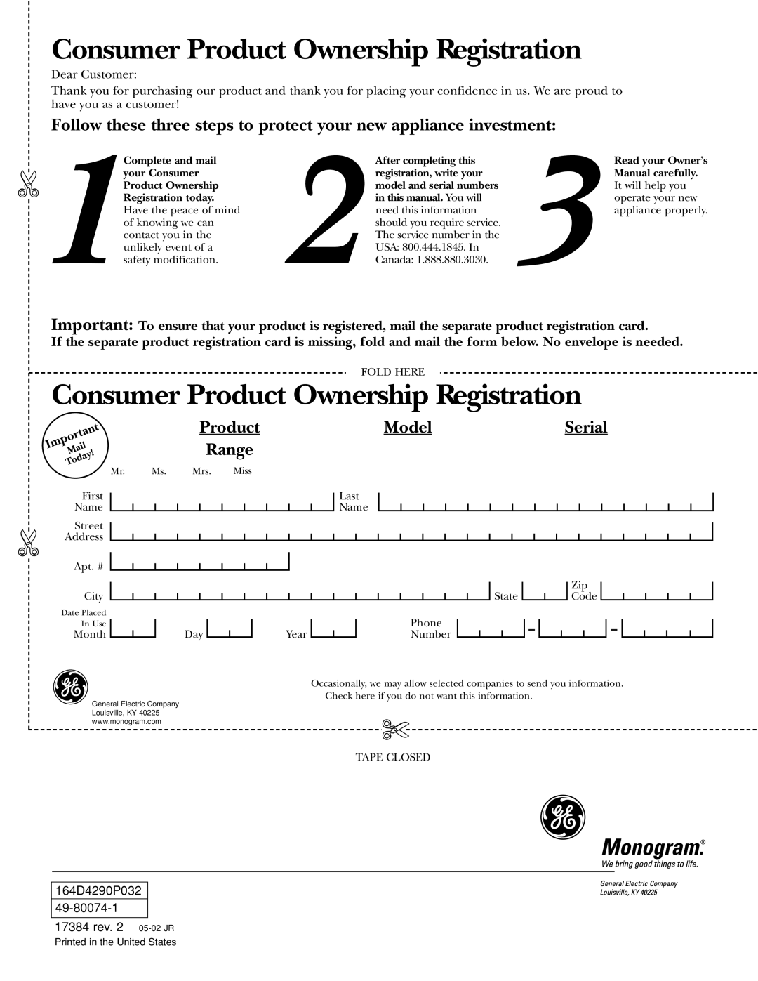 GE Gas Ranges owner manual Consumer Product Ownership Registration 