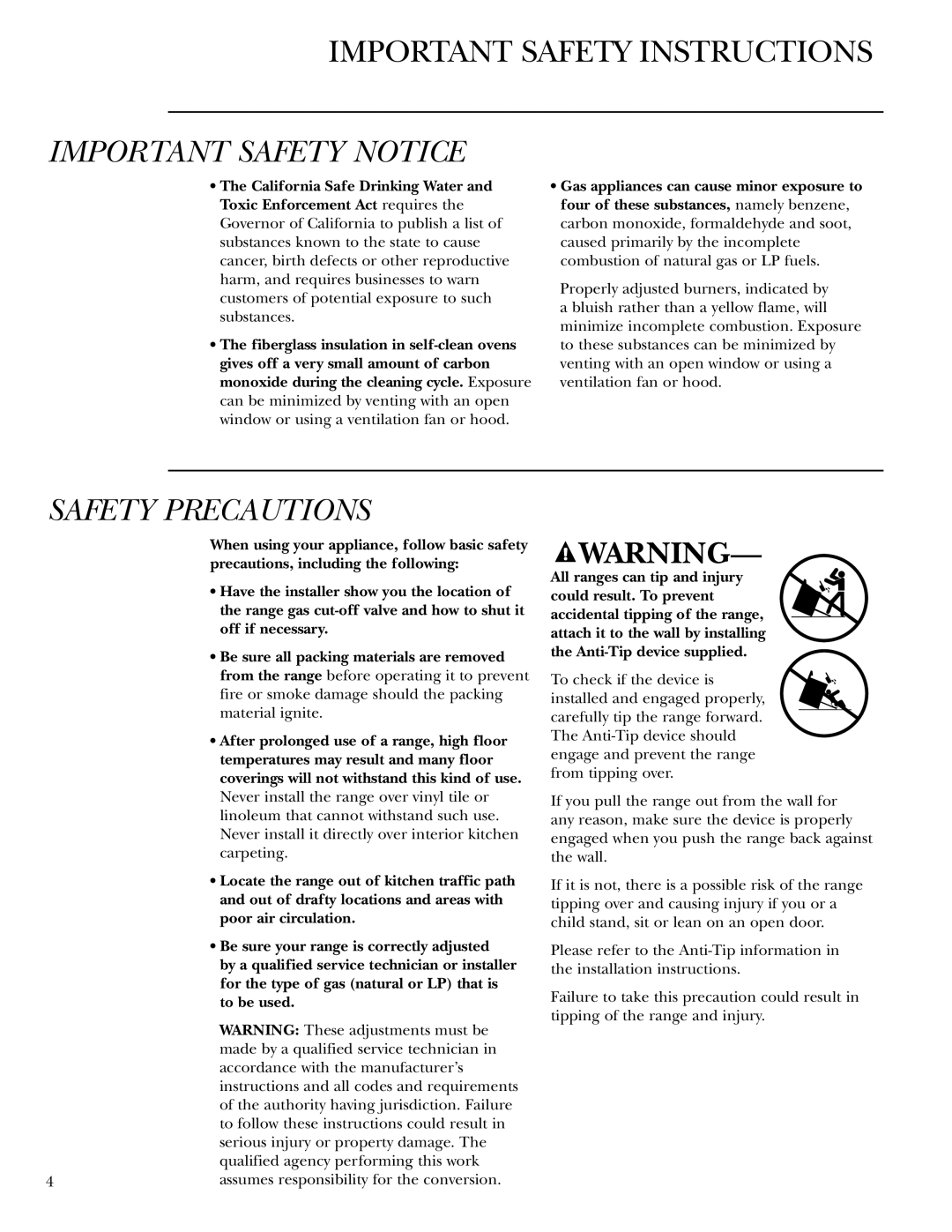 GE Gas Ranges owner manual Important Safety Notice 