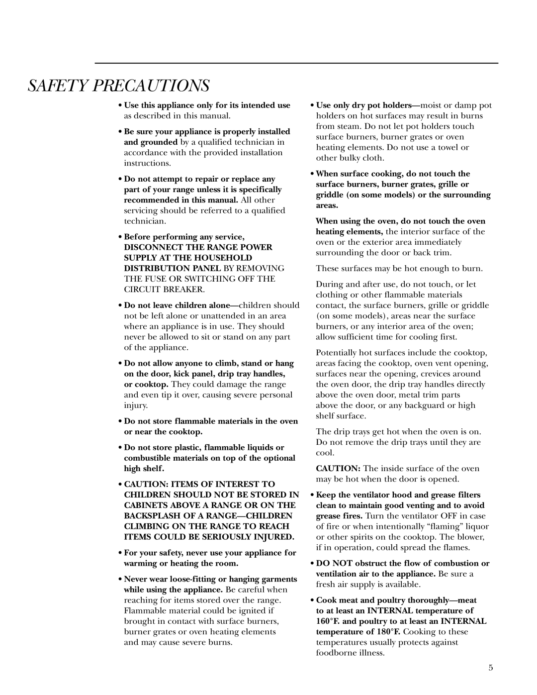 GE Gas Ranges owner manual Safety Precautions 