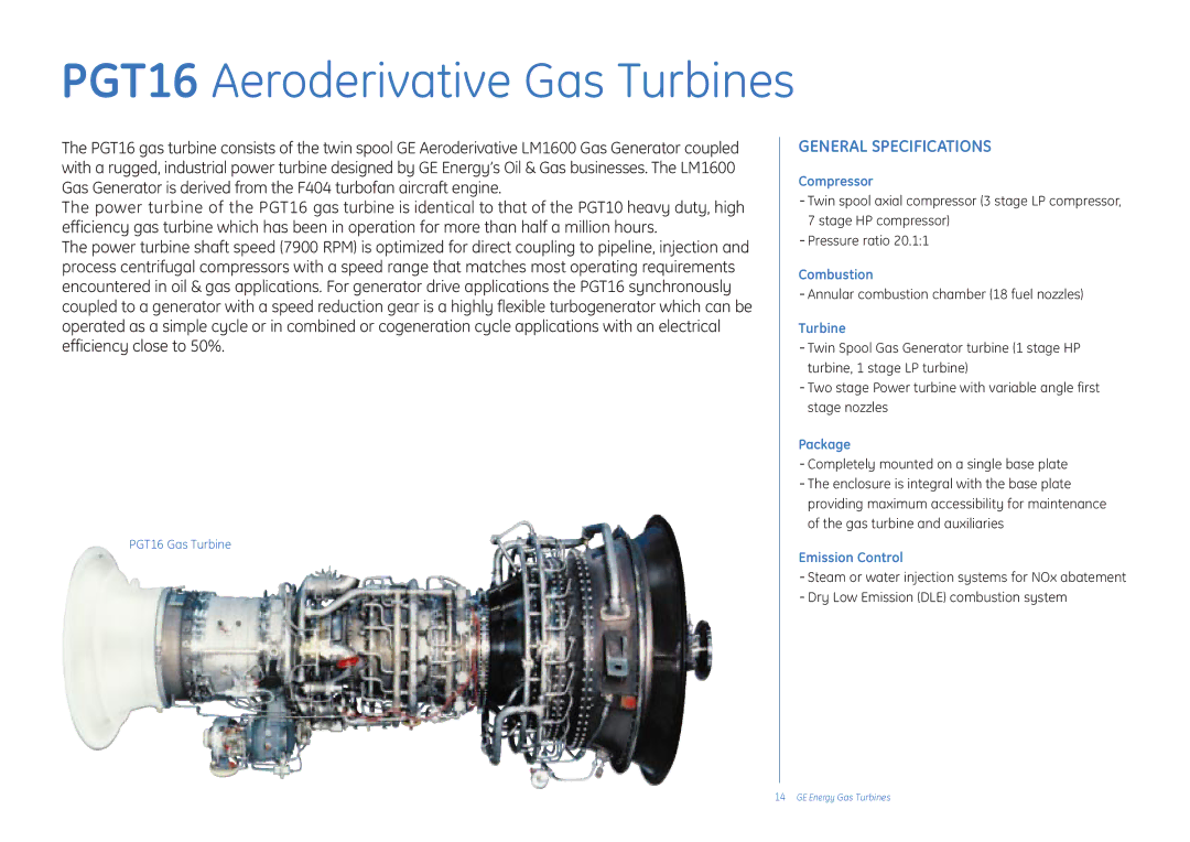 GE manual PGT16 Aeroderivative Gas Turbines, General Specifications 