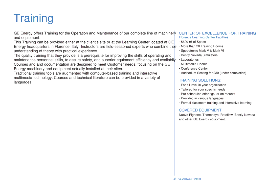 GE Gas Turbine manual Center of Excellence for Training, Training Solutions, Covered Equipment 