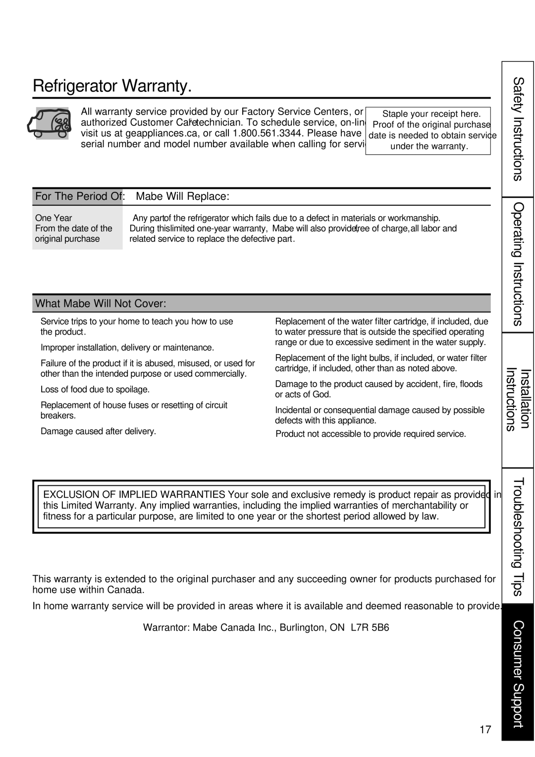 GE GBC12 Refrigerator Warranty, Instructions Installation, For The Period Of Mabe Will Replace, What Mabe Will Not Cover 