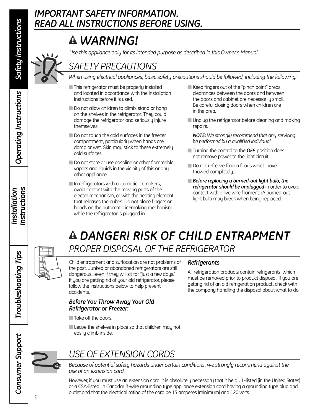 GE GBC12 owner manual Operating Instructions Installation, Consumer Support Troubleshooting Tips 