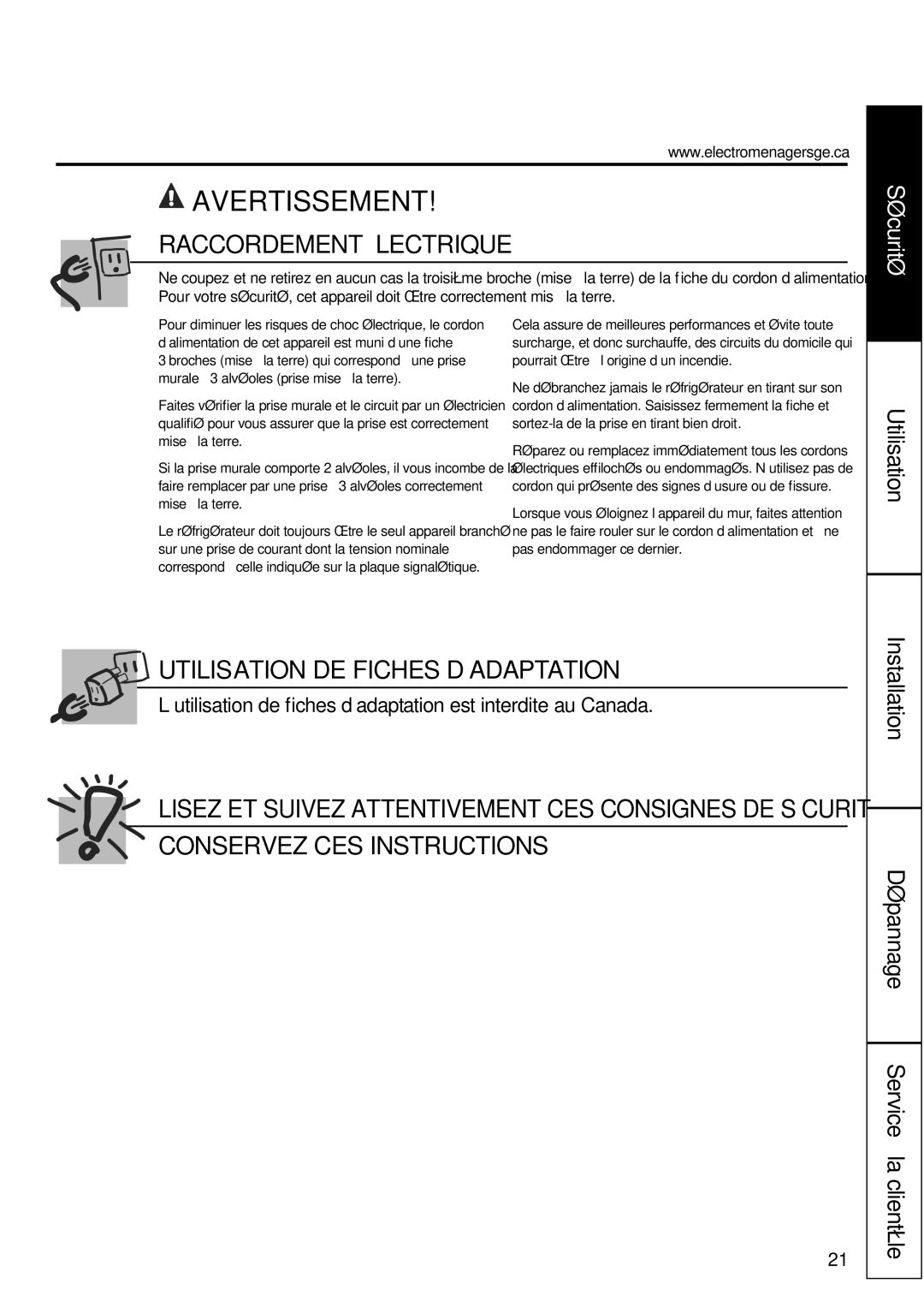 GE GBC12 owner manual Utilisation, Installation Dépannage Service à la clientèle 