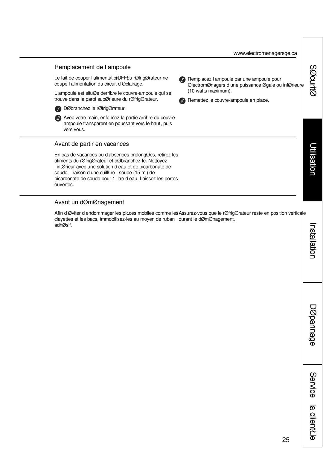 GE GBC12 owner manual Remplacement de l’ampoule, Avant de partir en vacances, Avant un déménagement 